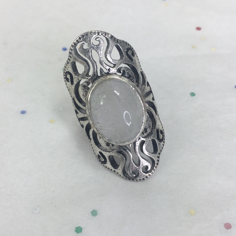 Natural stone ring scroll cut outs silver tone size 8